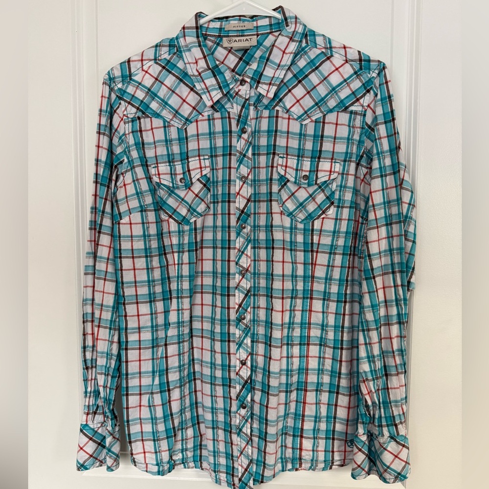 Ariat Women’s Western Snap Shirt Turquoise Plaid Long Sleeve Engraved Snaps